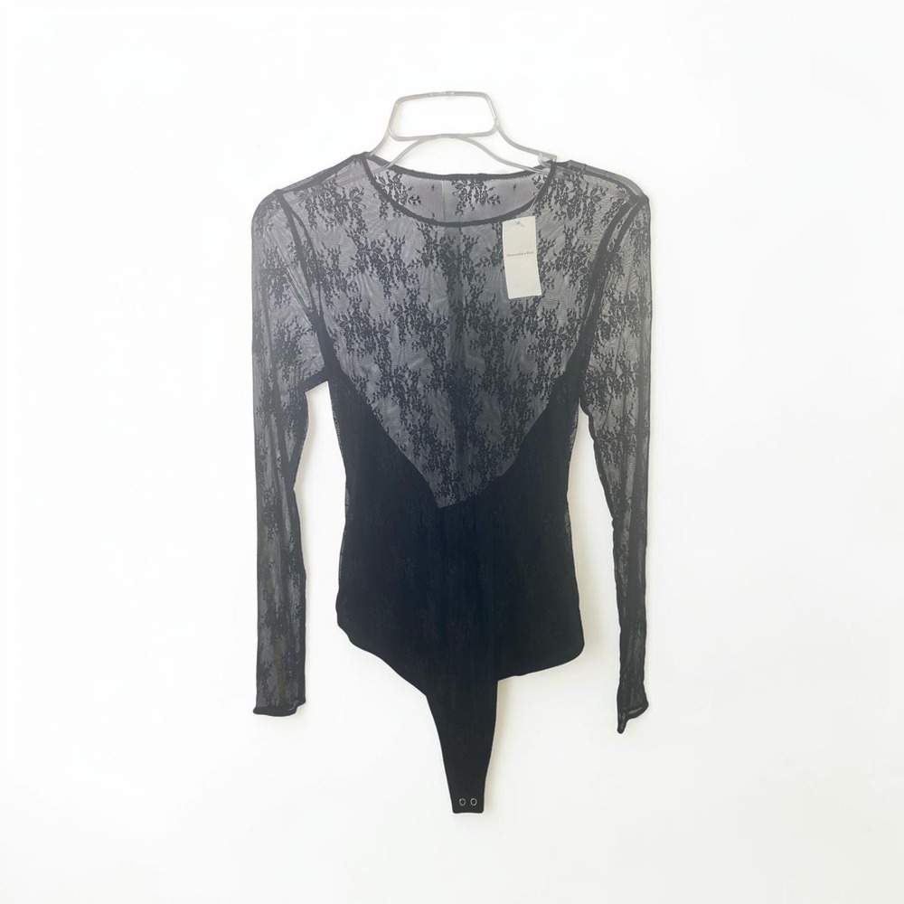 Abercrombie & Fitch Black Lace Long Sleeve Bodysuit Sheer Floral Medium